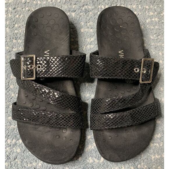 VIONIC Rio Lizard US 10 Wide Women’s Black Snake Print Adjustable Straps - Picture 1 of 5